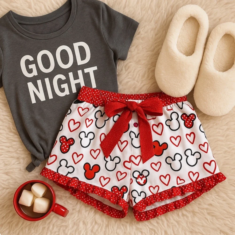 Disney Mickey & Minnie Ruffle Pajama Shorts – Red/White – Size M - Picture 2 of 4